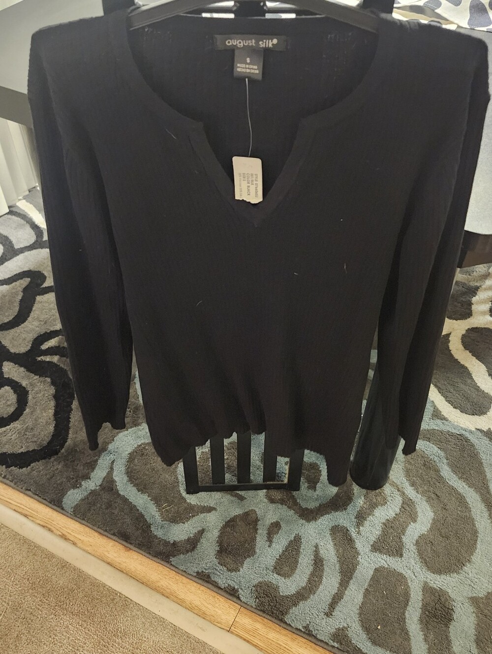 august silk Black Long-Sleeve Ribbed V-Notch Top